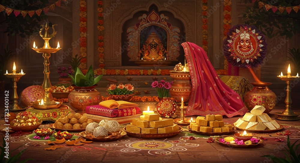 Fototapeta premium Festive Arrangement with Sweets and Lit Candles in Temple Setting