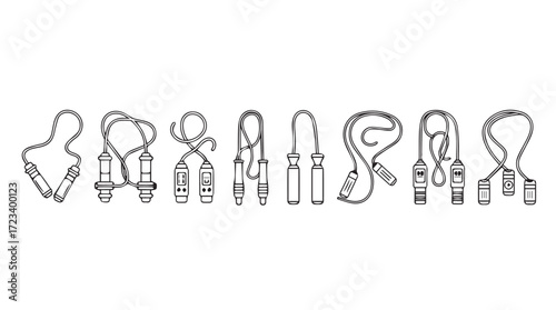 Collection of hand grippers and jump ropes for fitness and strength training workout gear silhouette
