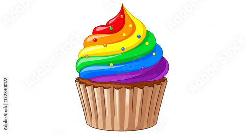 A colorful cupcake, decorated with a rainbow of frosting and sprinkles, perfect for a sweet treat or celebration