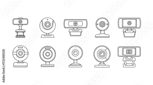 Collection of diverse web camera icons featuring multiple designs and mounting options for digital communication silhouette