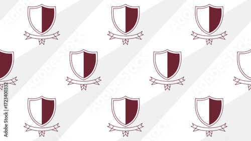 Pattern of shields divided in half with white and maroon color and ribbon on a white background