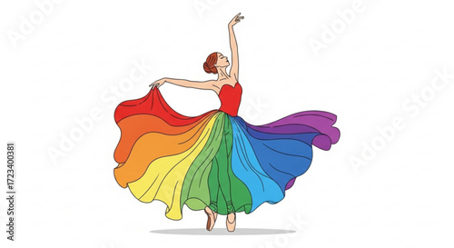 Illustration of a woman in a rainbow dress symbol of diversity, inclusion, and pride in the lgbtq community
