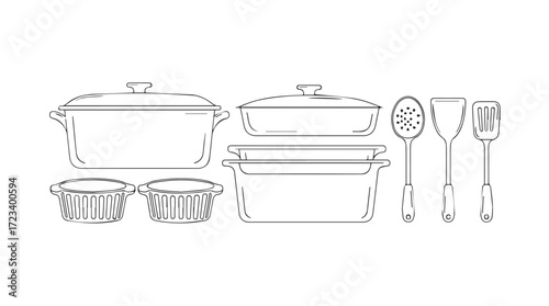 Stylish kitchenware set includes casserole dishes bowls serving utensils for culinary delights silhouette