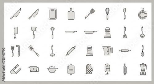 A collection of kitchen utensils, including knives, cutting boards, forks, spoons, graters, ladles, rolling pins, and other tools