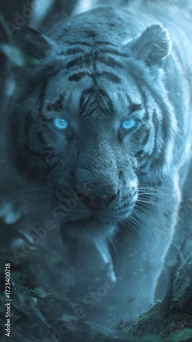 A magnificent white tiger, eyes glowing with an ethereal blue light, stalks through a misty jungle.