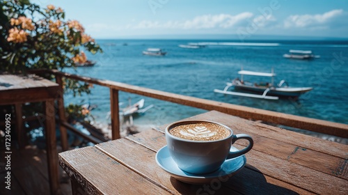 A cup of latte sits on a wooden table overlooking a tranquil ocean vista, showcasing a serene seaside cafe setting.