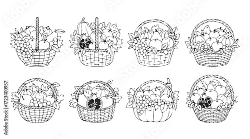 Hand drawn floral flower arrangements in woven baskets collection outline design elements silhouette