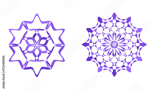 Set of abstract snowflake mandala patterns in purple. Geometric symmetrical star designs for winter, holiday decorations, backgrounds, textiles, digital art, meditation, and creative projects.