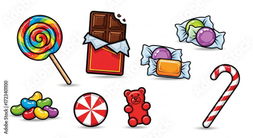 A collection of colorful candy, this sweet treat assortment includes lollipop, chocolate, hard candy, jelly bean, and candy cane