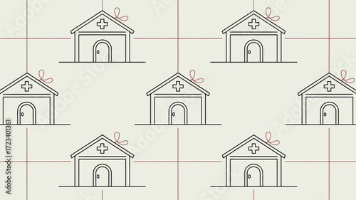 Seven hospital icons with red bows on a grid pattern against a cream colored background design graphic