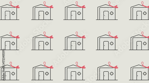 Pattern of hospital icons with pink ribbons representing breast cancer awareness on a light background