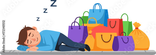 Exhausted Shopper Napping Beside Colorful Shopping Bags with Zzz Sleep Bubbles