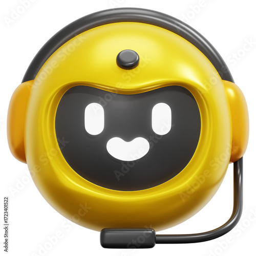 Friendly and helpful yellow robot avatar wearing headphones and a microphone, perfect for customer support, tech, and virtual assistant applications