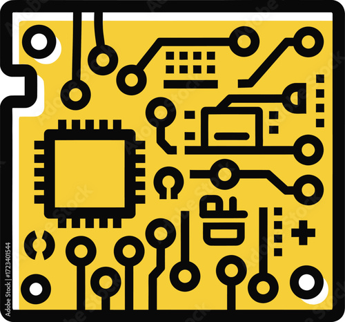 Stylized illustration of a yellow printed circuit board with a microchip