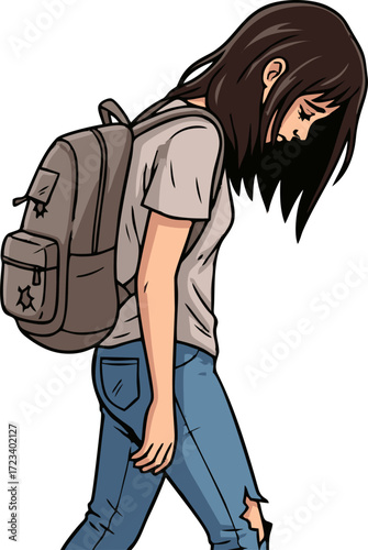 Pensive Teen Girl Walking with Ripped Jeans and Backpack