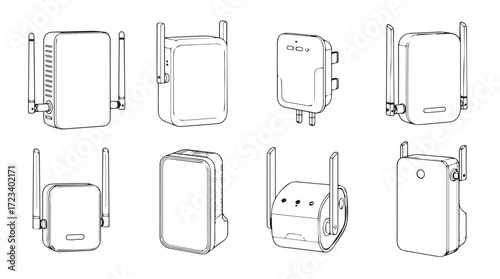 Collection of hand drawn sketch styles of modern wireless routers and network devices silhouette