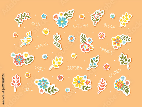 Cartoon stickers in muted retro colors - hand-drawn autumn leaves, flowers. Hippie and chintz style