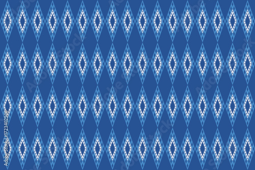 This fabric displays a repeating diamond-shaped pattern in white and light blue, set against a deep blue background.