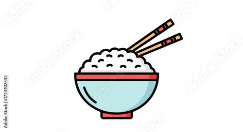 A steaming bowl of fluffy white rice with chopsticks, , ideal for asian cuisine, food blogs, and culinary presentations
