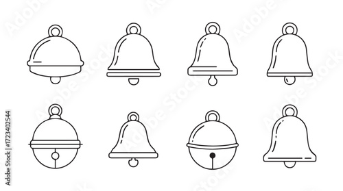 Collection of eight hand-drawn sketch style bells in various shapes and sizes for holiday decoration silhouette