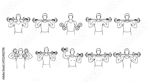 Fitness exercise sequence demonstrating barbell strength training workout poses for gym and sports silhouette