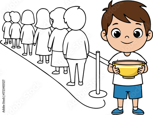 Young Boy with Bowl Waiting in Line of Simple Figures