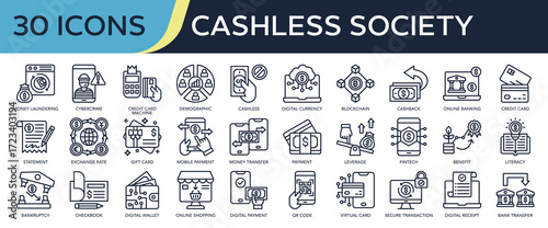 Collection of Cashless Society icons, related to Cashless, digital currency, blockchain, online banking, mobile payment and more. Outline icons vector illustation.