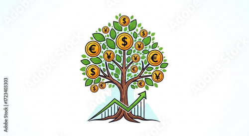 Money tree symbolizing financial growth, investment, and prosperity, with currency symbols representing global economy and success