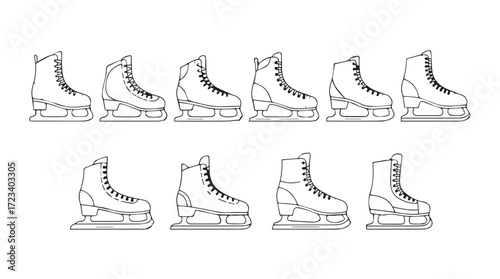 Collection of vintage ice skates and hockey skates in detailed line drawing style silhouette