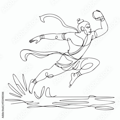 Continuous Simple black line art drawing of a lord hanuman in a minimalist style on a white background.