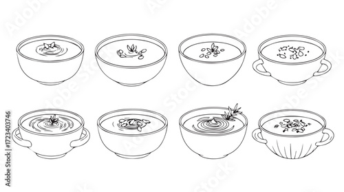 Collection of eight bowls of delicious hot soup with garnish isolated food photography silhouette