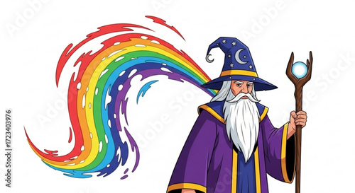 A whimsical wizard casting a rainbow spell, creating a magical and colorful scene filled with fantasy and enchantment
