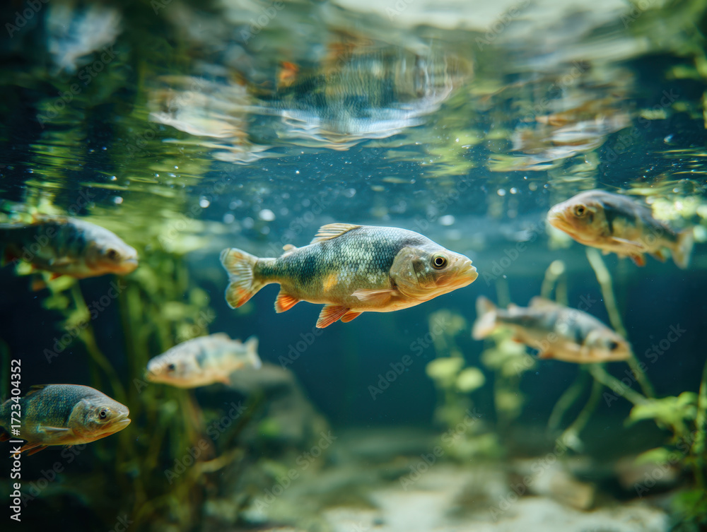 Fototapeta premium Sunlight filtering through water illuminating a school of perch swimming gracefully among lush aquatic plants in a serene underwater environment.