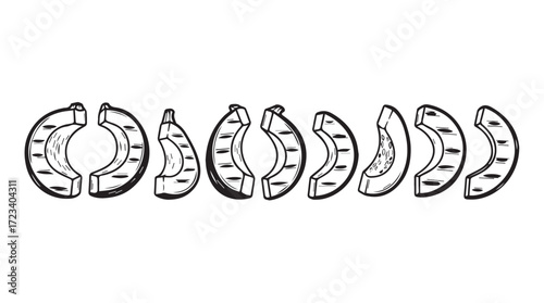 Hand drawn grilled pumpkin slices arranged in a row with detailed texture and outline silhouette