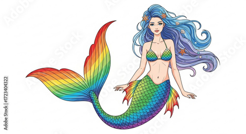 Illustration of a beautiful mermaid with rainbow tail and blue hair fantasy creature with colorful scales and flowing locks