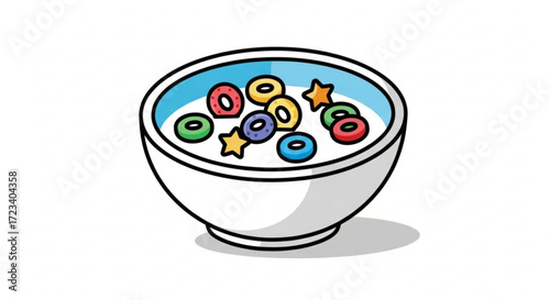 A bowl of colorful cereal with milk is a delightful and whimsical illustration, perfect for adding a touch of fun and nostalgia