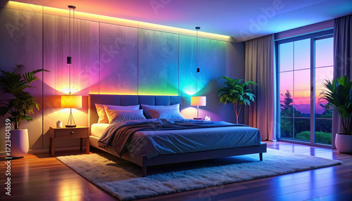 Serene bedroom setting featuring a bed and night light with smart mood lighting casting a colorful gradient glow