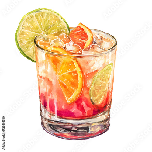 Watercolor tequila sunrise variation cocktail with lime garnish, colorful artistic drink.