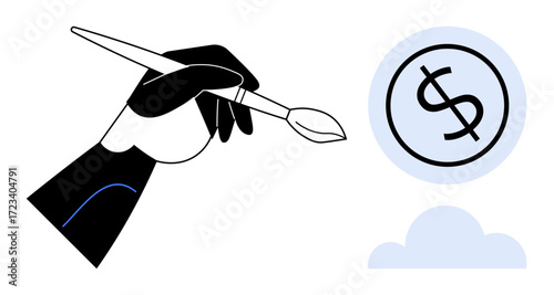 Hand holding brush painting a floating dollar coin above cloud. Ideal for creativity, finance, growth, innovation, art economy, financial success, concept development. Simple flat metaphor