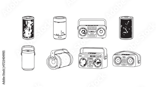 Retro boombox and cassette tape collection hand drawn style icon set music nostalgia silhouette