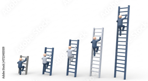 A group of 3d people climbing ladders of increasing height, , symbolizing progress, growth, ambition, and the pursuit of success