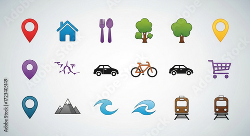 A set of colorful location icons and symbols for navigation, , including a pin, house, restaurant, tree, car, bike, and public transport