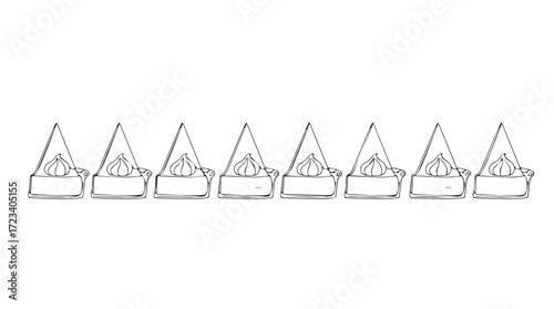 Hand-drawn sketch style christmas village buildings with snowy rooftops lined up for festive holiday decor silhouette