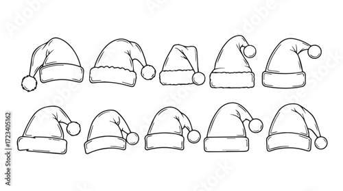 Collection of hand-drawn santa hats in outline style for festive holiday season designs silhouette