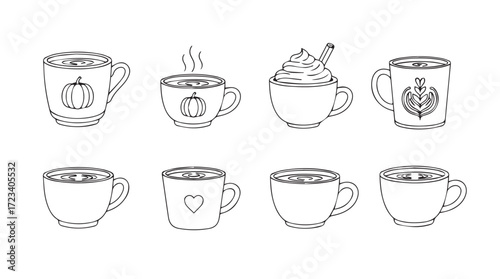 Cozy autumn mugs collection hand drawn sketches featuring fall themes and warm beverages silhouette