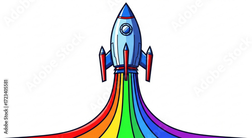 A vibrant rocket launching with rainbow trail, , symbolizing innovation, progress, and colorful journey towards success and achievement