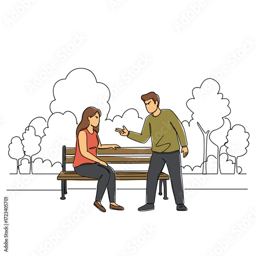 Angry couple arguing on a bench in a park during daytime  