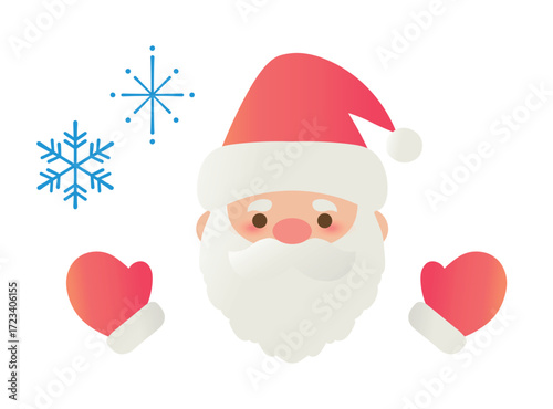 Cute Santa Claus face with mittens and snowflakes_Holiday vector illustration