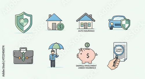 Collection of insurance icons representing various types of coverage, including home, auto, life, and health, risk management concept
