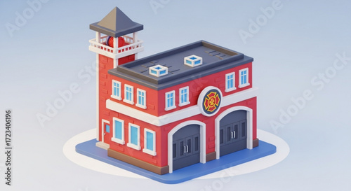 Isometric view of a cartoon fire station with red and white color scheme, a charming and detailed architectural model